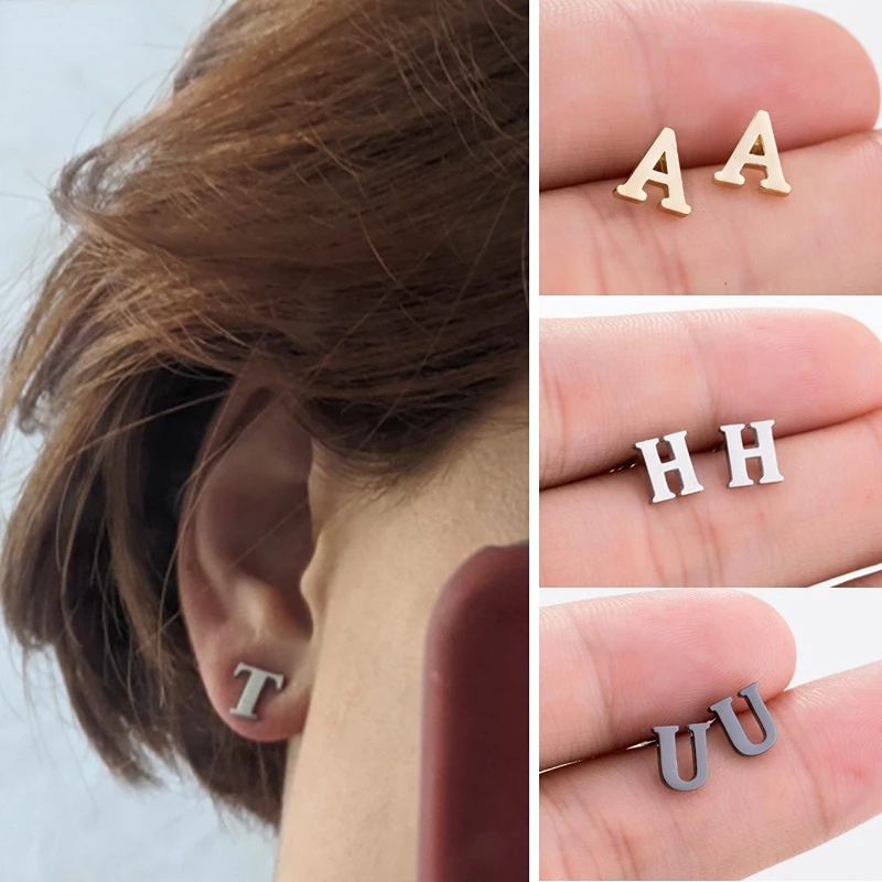 

Stainless Steel 26 A-Z Initial Letter Earrings 2021 Trend Small Black Alphabet Name Earring Ear Piercing Jewelry Gift Kids