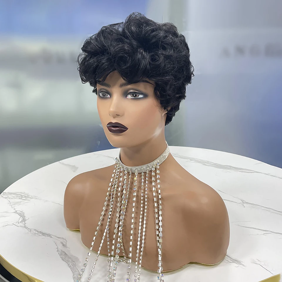 

Парик женский из натуральных волос, без клея, с короткими вьющимися волосами