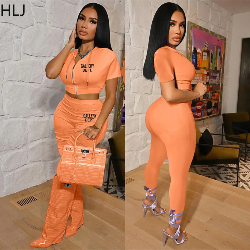 

HLJ Casual Letter Printing Hooded Tracksuits Women Zipper Short Sleeve Crop Top And Skinny Pants Two Piece Sets Outfits 2023 New