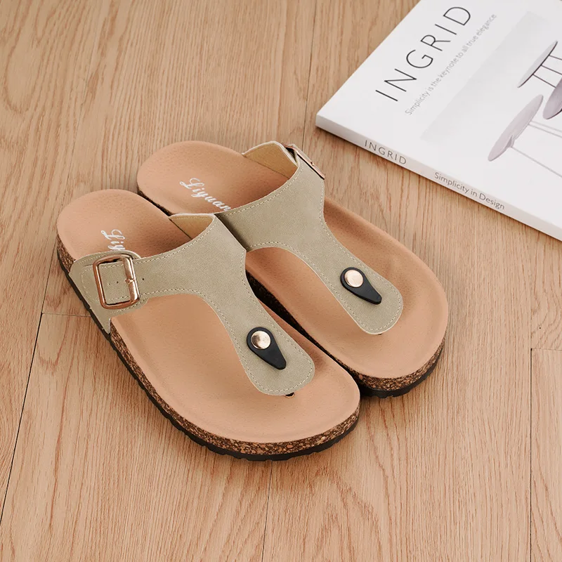 Women Slippers Beach Cork Shoes for Woman Casual Metal Decoration Buckle Non-slip Clogs Slides Female Slip on Flip Flops