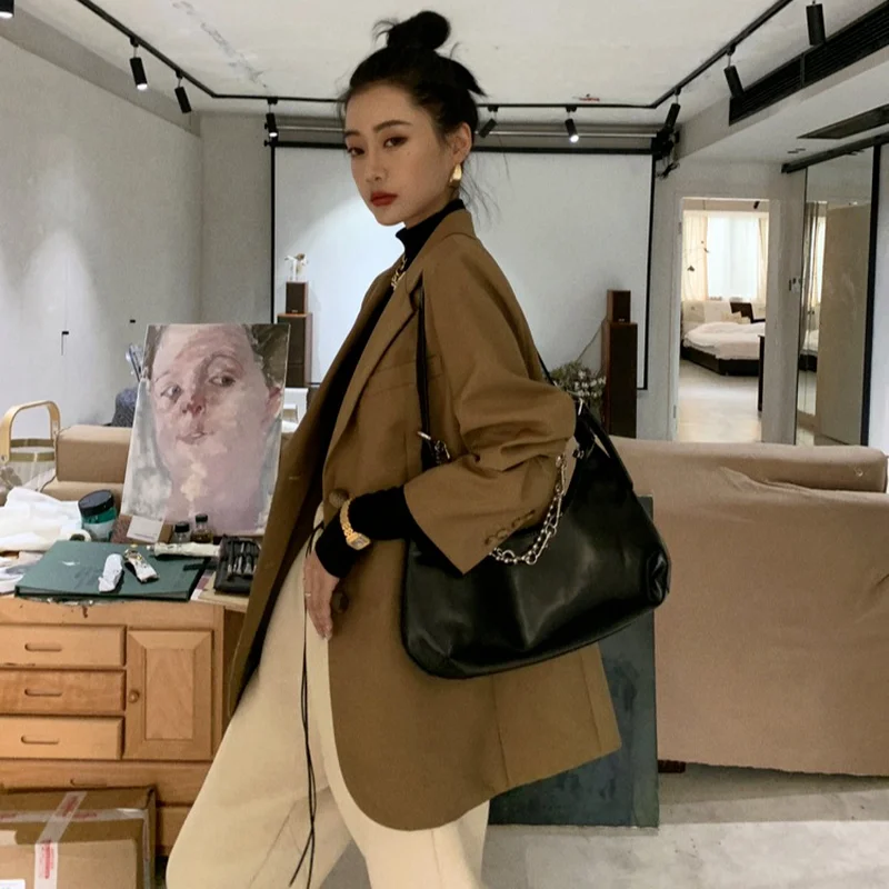 Retro Khaki Blazer Suit Women Solid Colors Single Breasted Casual Office Blazer 2023 New British Style Mid Length Commute Suit