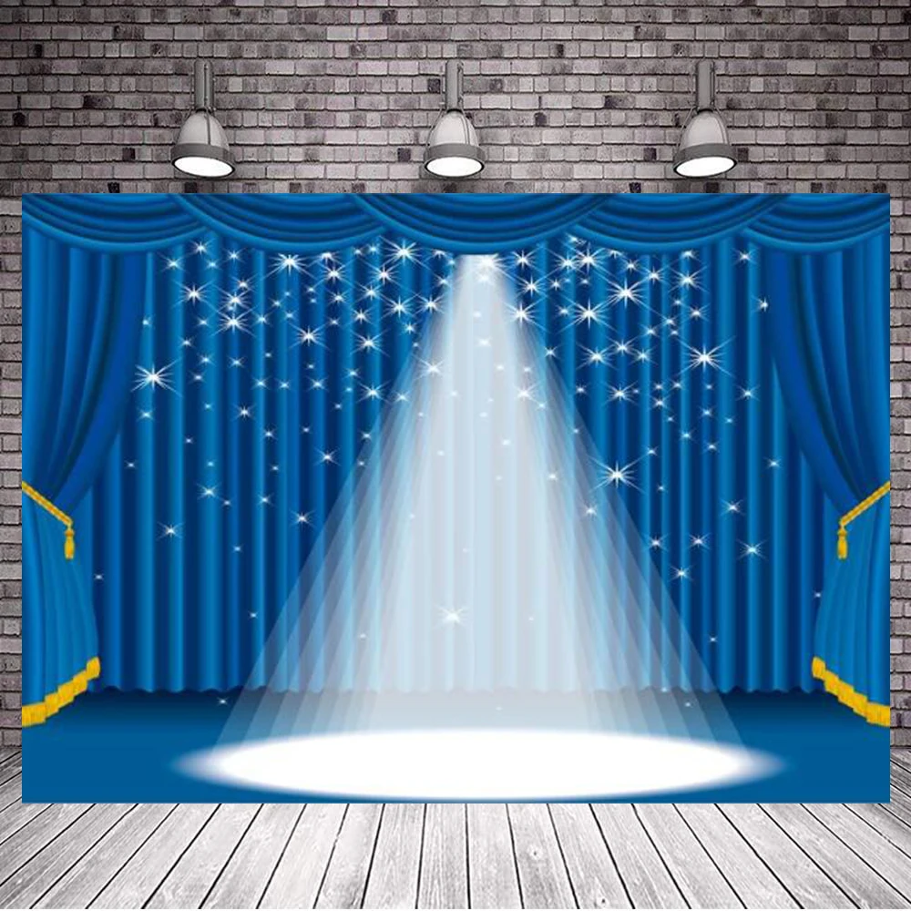

Сценический Прожектор фотография фон синяя занавеска прожектор на театре сцена сияющие звезды фон день Рождения Вечеринка фестиваль