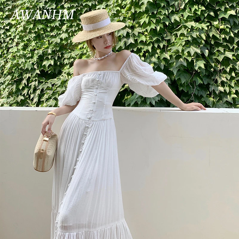 

Summer New Beach Skirt Women's Seaside White Court Style Square Neck Short Sleeve Dress Long Skirt