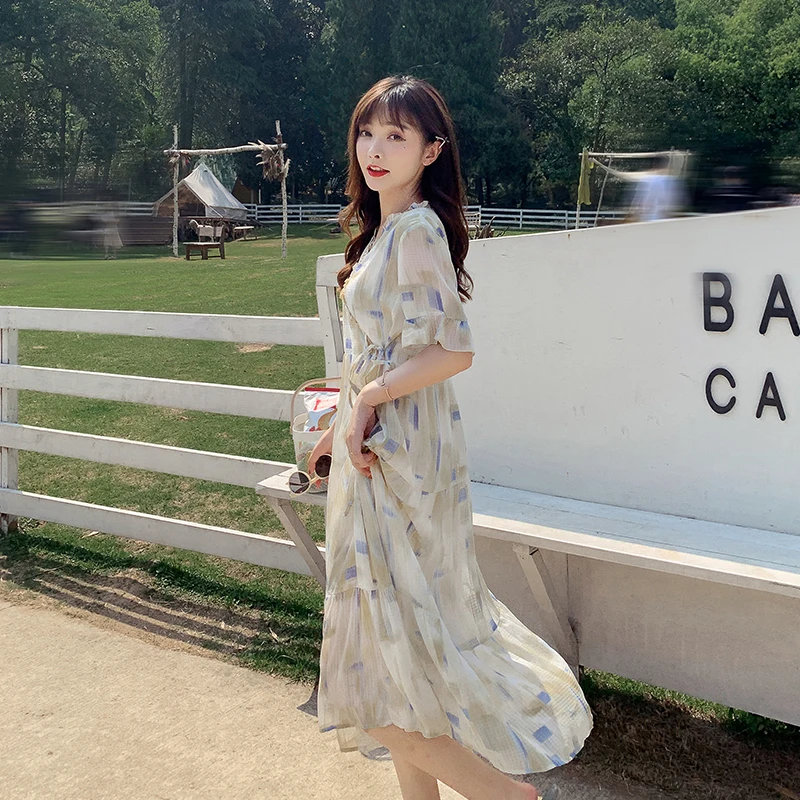 

Bohemia Large Size Printing Women's Party Dress Summer High Waist Loose French Vintage Flounced edge Female Clothing