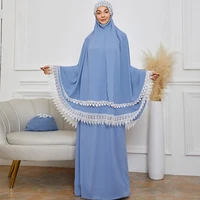 ramadan eid jilbab muslim prayer dress overhead abaya dubai saudi lace trim silky abayas skirt 2 piece sets niqab islam outift
