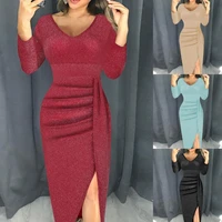 skinny ladies dress solid color shirring sexy women sheath dress for party