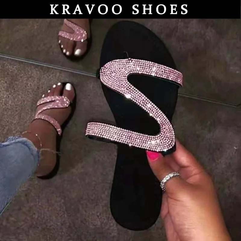 KRAVOO Women Shoes Z-shaped Rhinestone Beach Sandals For Women Flip Flops Slippers Women Plus Size Female Shoes Summer 2023