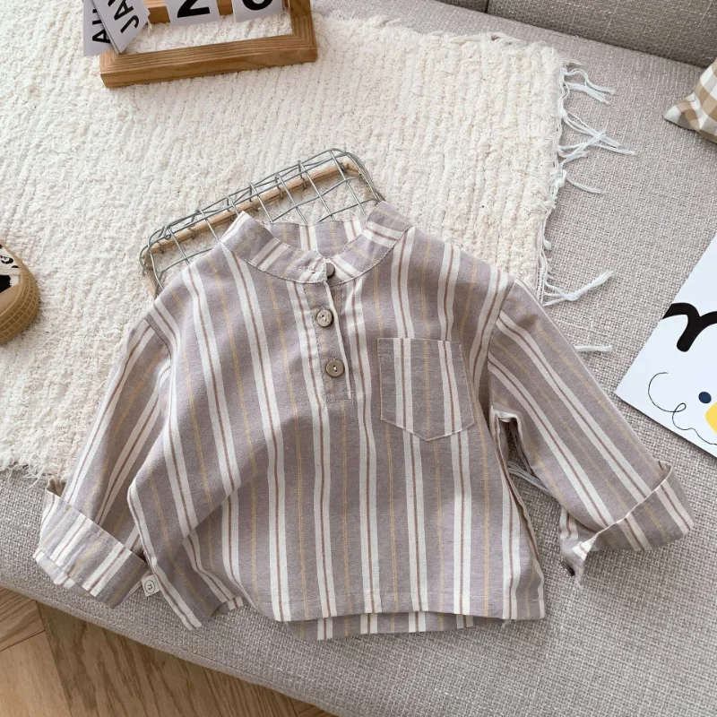 

Spring Boys Fashion Vertical Stripe Shirts Kids Brief Stand Collar Casual Tops