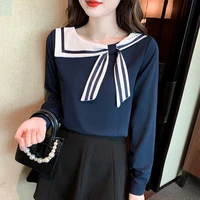 chiffon shirt womens 2022 spring new naval color academy style sweet ladies top loose long sleeved shirt reduce age blouse