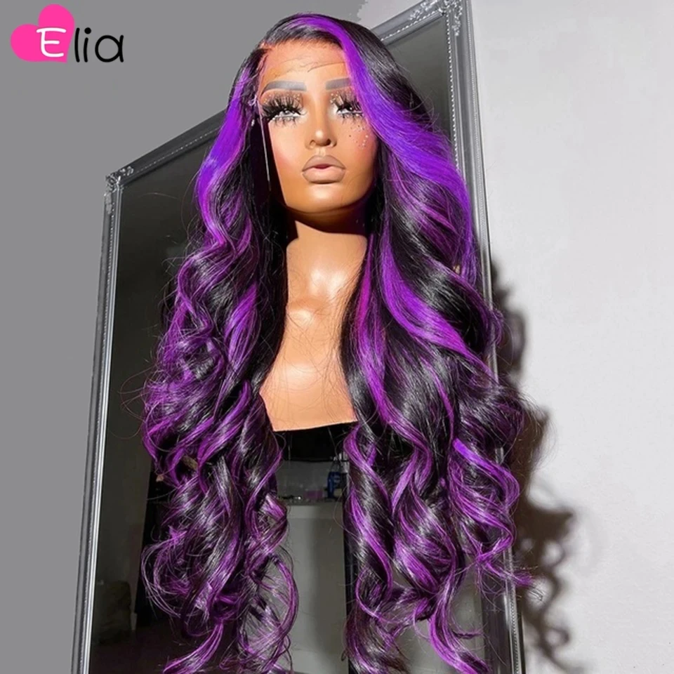 

13x6 Transparent Lace Front Wig Human Hair Highlight Purple Green Body Wave Closure Wig 13x4 Glueless Wig Human Hair Ready Hair