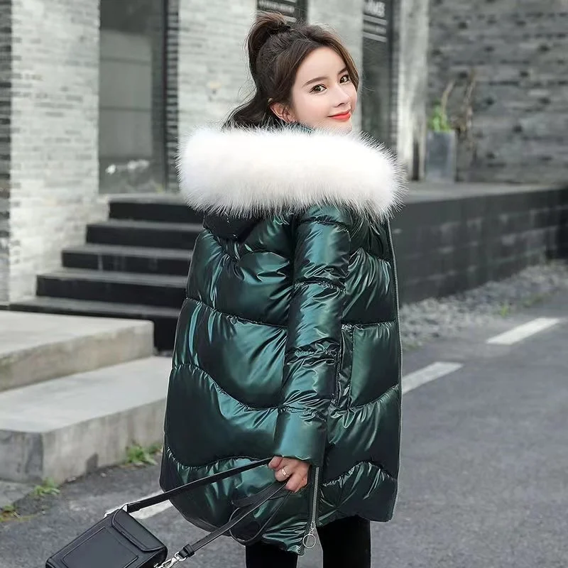 Disposable Down Jacket Bright Cotton Coat Mid-length Winter Loose Thickened Hooded Coat