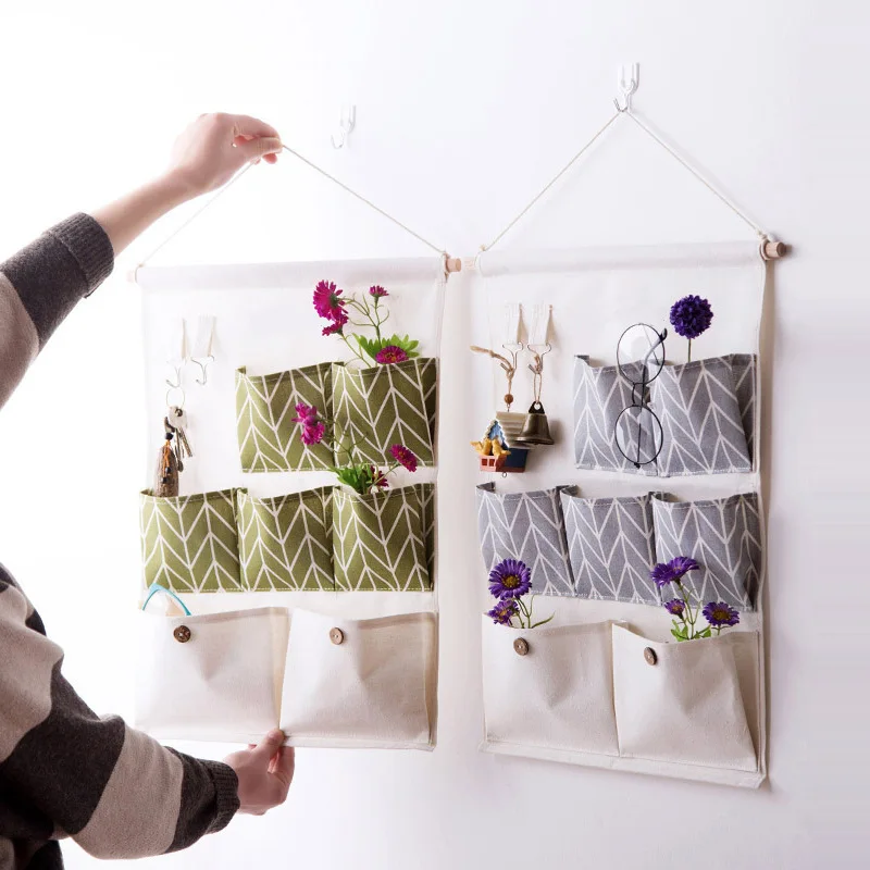 Cotton Linen Pattern Hanging 7 Pocket Storage Bag Wall Mounted Wardrobe Hang Bag Wall Pouch Sock Fabric Organizer