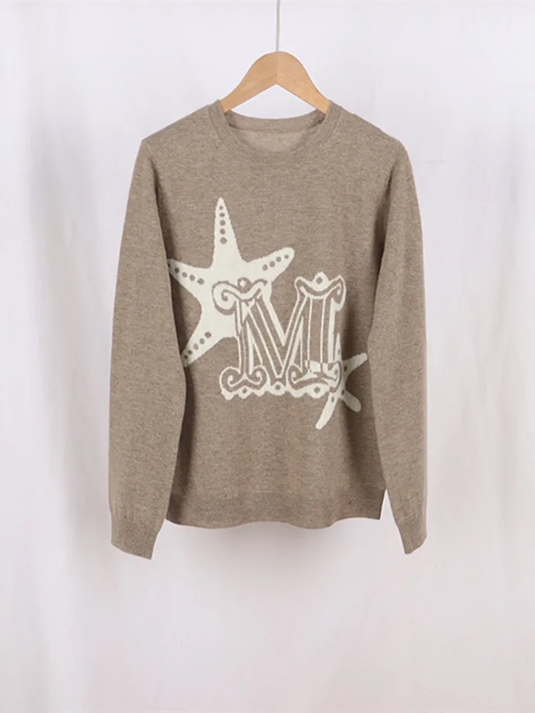 Women's O-neck Sweater 100% Cashmere 2022 Autumn Winter Long Sleeve Ladies Star Letter Jacquard Knitwear Pullover