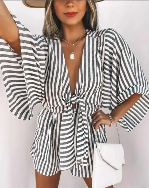 

Female jumpsuit summer fashion striped print batwing sleeve tied detail romper 2022 woman new casual loose jumpsuit