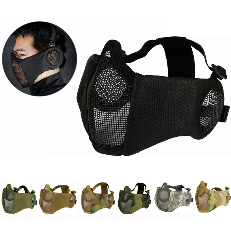 

Adjustable Airsoft Half Face Mask Steel Mesh with Ear Protection Military Lower Face Mask for Hunting Paintball Shooting CS Game