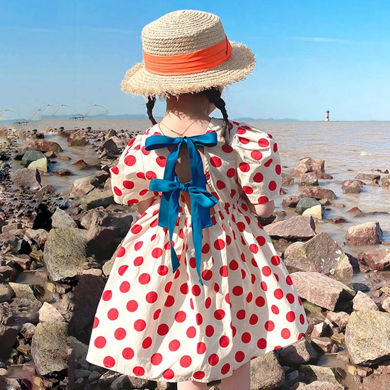 

Two Bows Backless Princess Dress Summer Girls Red Polka Dots Beach Dresses 3-7 Years Vestidos Children Fashion Korean Clothes