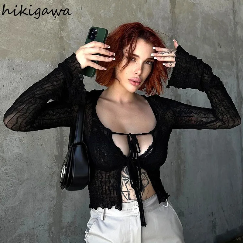 Женская прозрачная блузка с длинным рукавом летняя из газовой ткани Y2k 2024