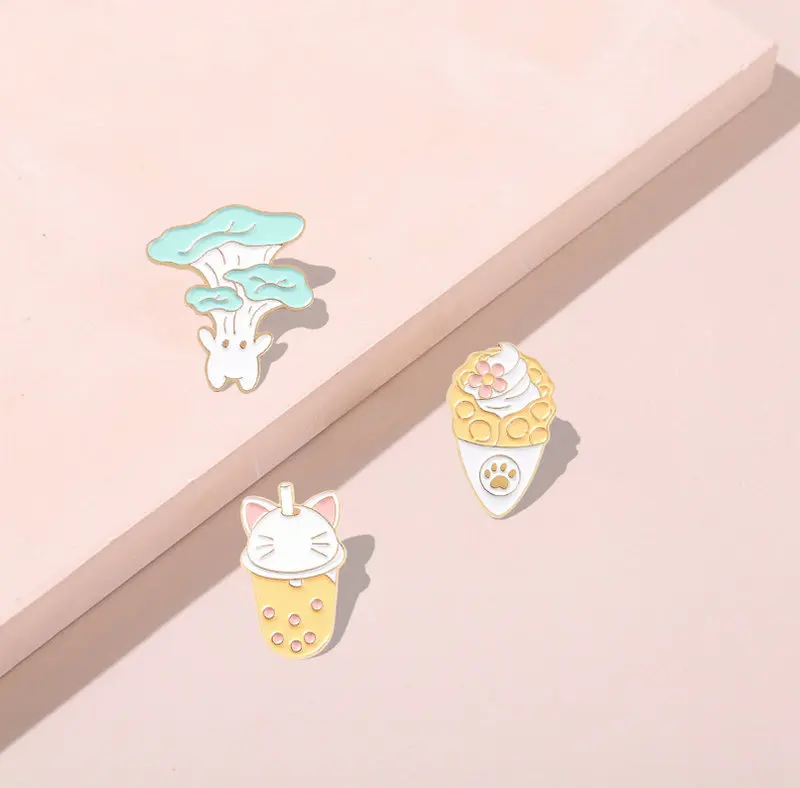Эмалированные булавки с едой гриб мороженое боба чай кошачья лапа броши сумка