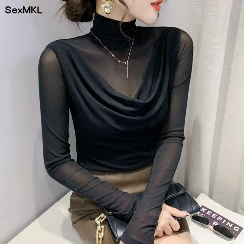 

Sexy Mesh Basic T-shirts Women 2022 Fashion Turtleneck Casual Long Sleeve Y2k Tops Korean Clothes Woman Black Winter T Shirt 4XL