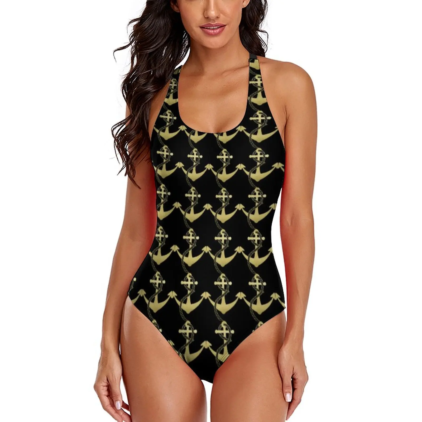 

Nautical Swimsuit Gold Anchor Print Colorful Swimwear One Piece Swimsuits Female Push Up Sexy Surfing Beach Outfits