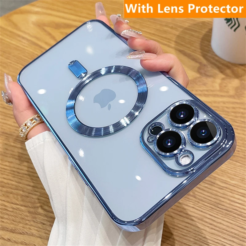 Luxury Plating For Magsafe Case For iPhone 14 11 13 12 Pro Max Wireless Charging Magnetic Soft Cover With Camera Lens Protector