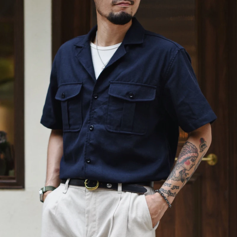 Sauce Zhan Men Shirts Short Sleeve Cotton and linen material pocket shirt Summer Breathable