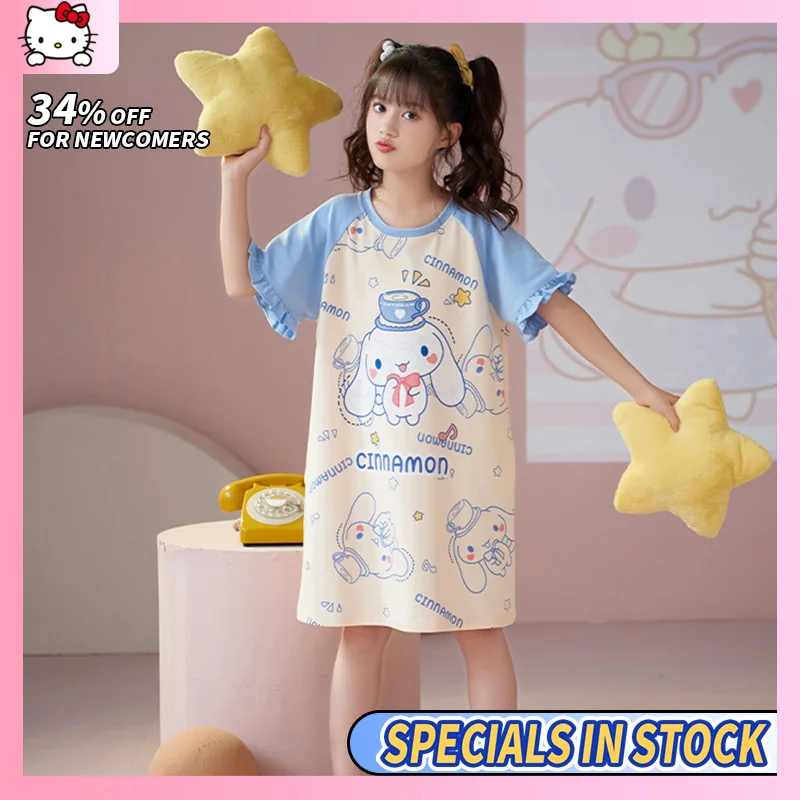 

Girls Cinnamoroll Nightdress Summer Cotton Short Sleeve Thin Children's Pajamas 2023 New Summer Style Little Girl Home Wear