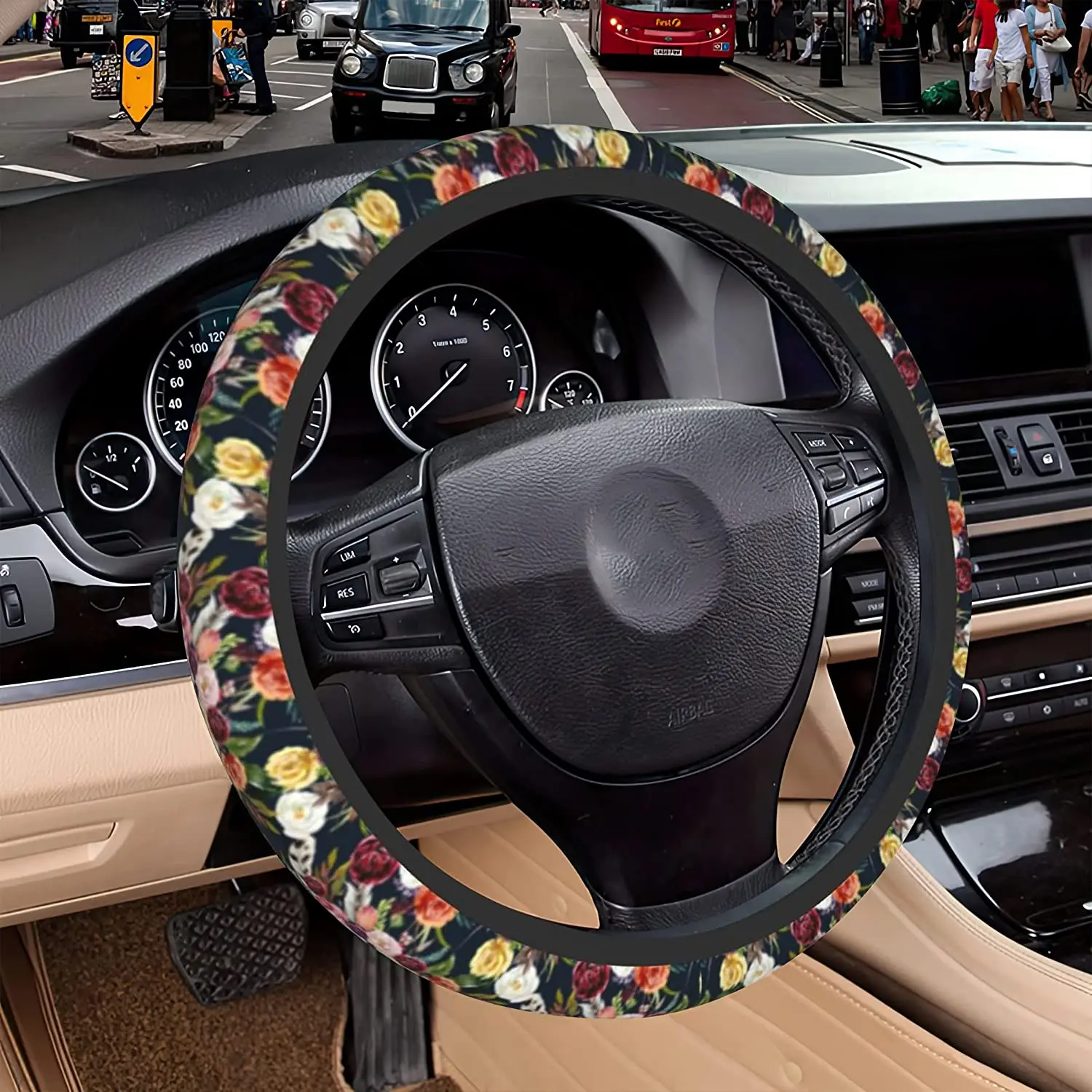 

Чехол на руль, нескользящий чехол из мягкой эластичной ткани, 15 дюймов, акварельный этнический богемный цветочный материал, подходит для женщин
