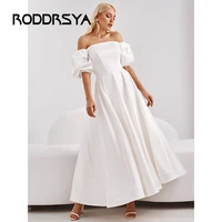roddrsya short wedding dress strapless off the shoulder with lantern sleeve ankle length satin bridal gown a line vestido novia