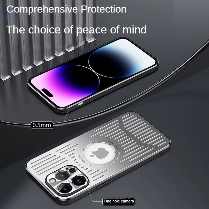 Metal Magnetic Heat Dissipation Phone Case Suitable for iPhone 14 13 12 Pro Max Plus Exposed Label, Full Lens Protection