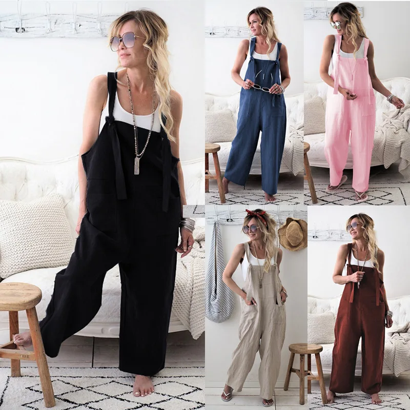 

Mandylandy Women Strap Loose Jumpsuit Summer Casual Wide Leg Pants Solid Dungaree Bib Overalls Sleeveless Cotton Linen Jumpsuits