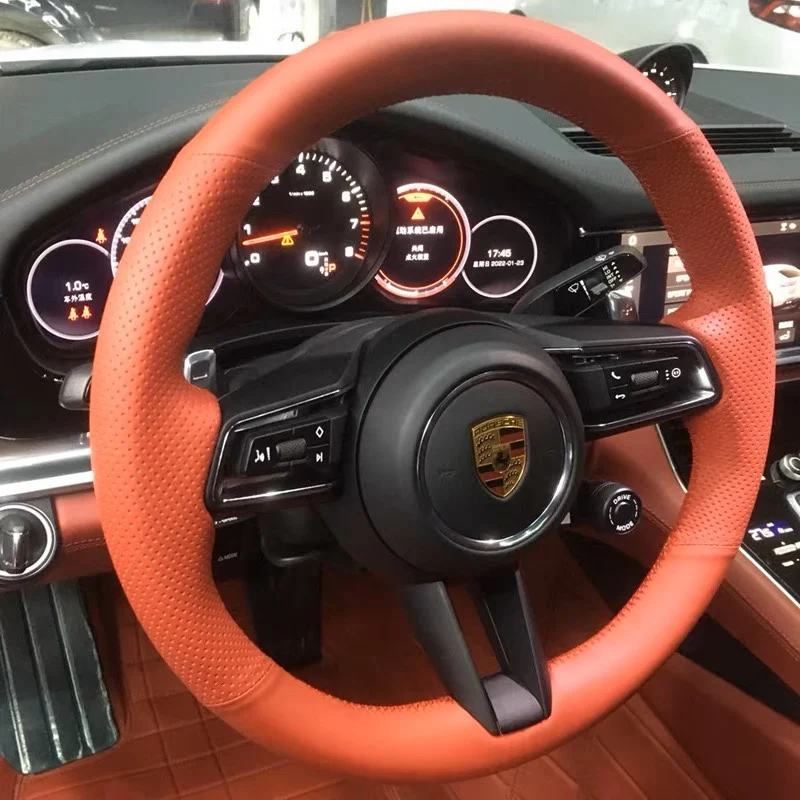 

Кожаный однотонный чехол рулевого колеса ручной работы для Porsche Cayenne 718 macan 911 Panamera Противоскользящий и поглощающий пот