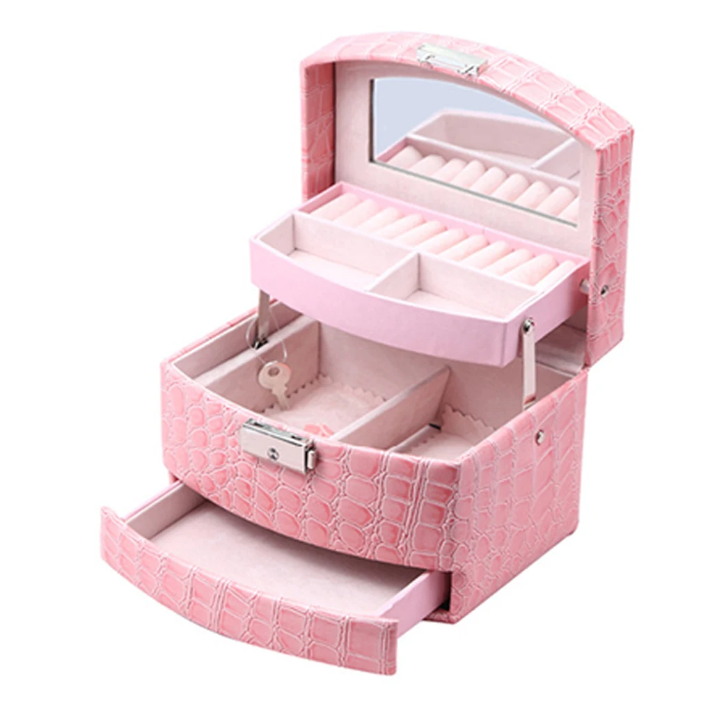 

Jewelry Box Organizer 3 Layer Faux Leather Necklace Ring Earrings Display Storage Case, Rose Red