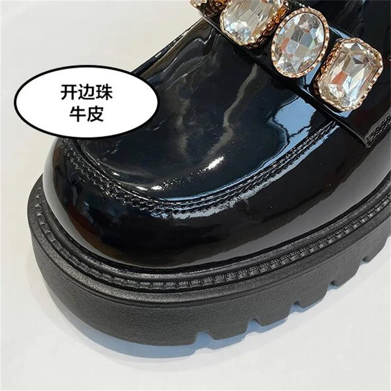 Summer New British Style Small Leather Shoes Women's Japanese Retro Rhinestone Thick-Soled Loafer Pumps For Women Black Beige