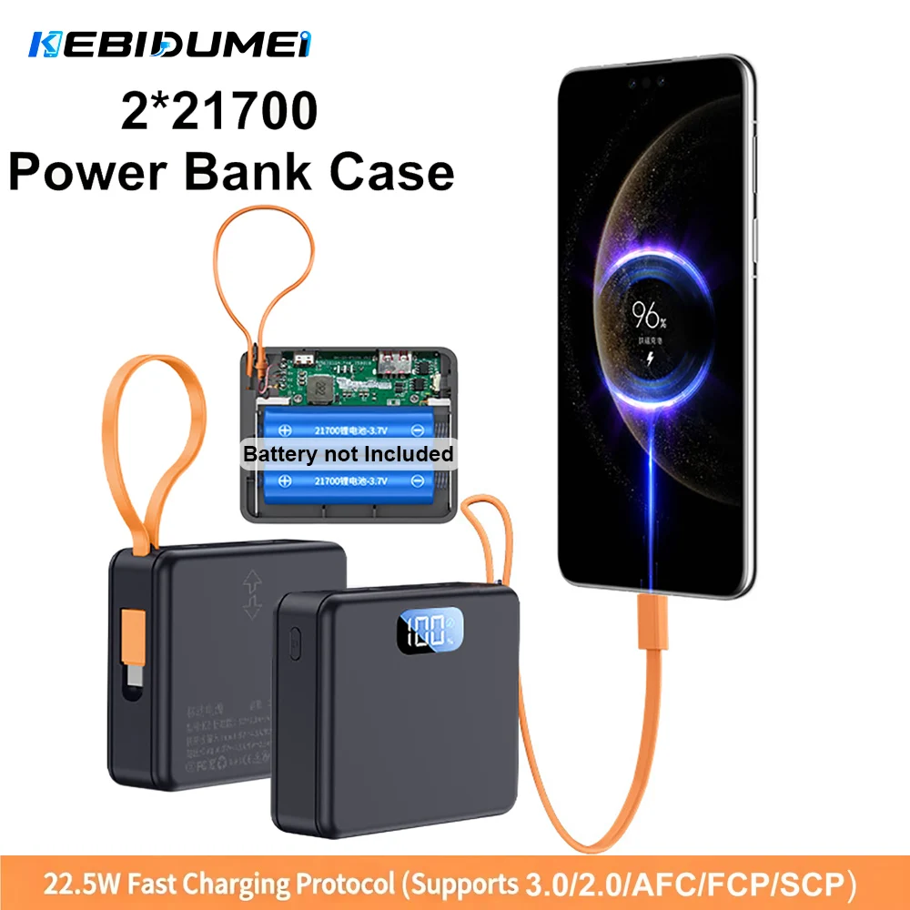 Фото KEBIDUMEI 22.5W Быстрозарядный Power Bank Case (корпус) для 2x21700 аккумуляторов, без пайки, DIY, с USB Type-C и QC3.0, кабель для зарядки №1