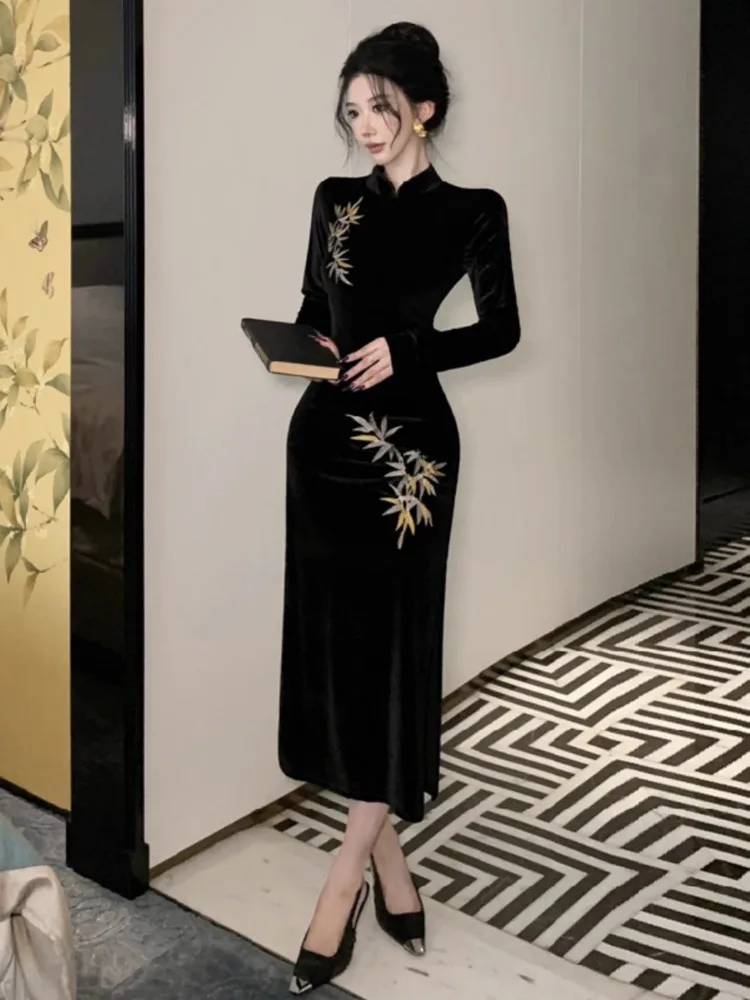 Ezgaga бархатные платья женские сексуальные вышивка воротник-стойка тонкий разрез