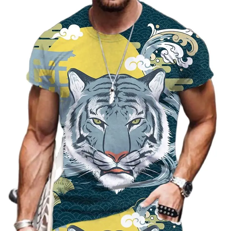 

Summer Men's 3d-printed Tiger Print Beach O-neck Hip Hop Funny Top Fashion Hot Short Sleeve Street Casual Plus Size T-shirt