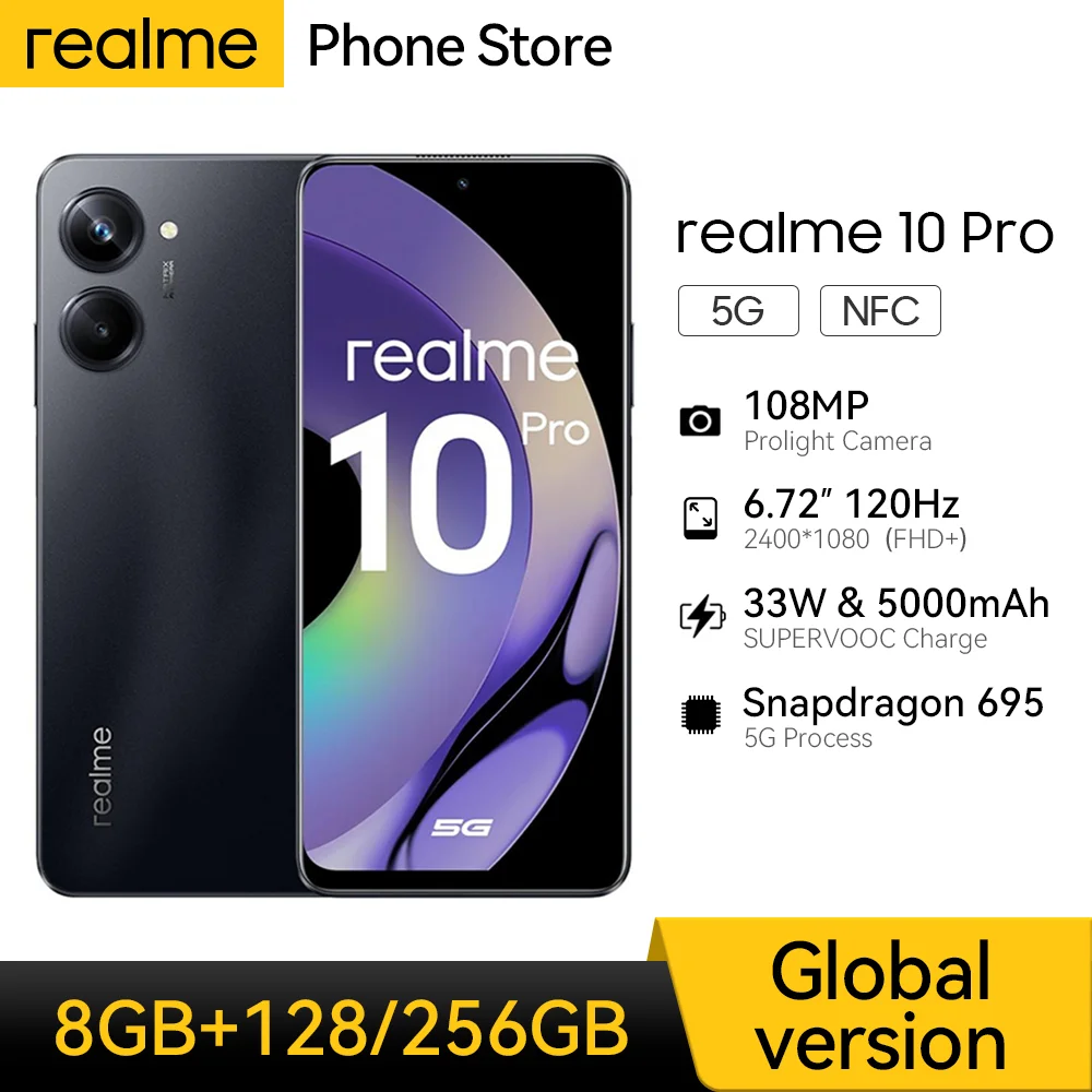 

realme 10 Pro 5G Smartphone Snapdragon 695 6.72" 120Hz Boundless Display 108MP ProLight Camera NFC Mobile Phone 5000mAh Battery