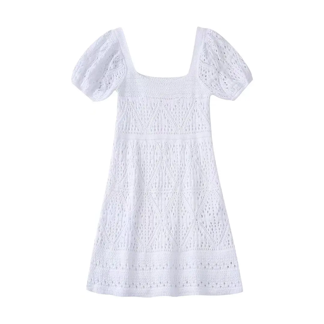 

White Sweater Short Dress Summer 2022 New Fashion Hollow Out Stretch Knit Wears With Lining Mini Sheath Feminino Vestidos