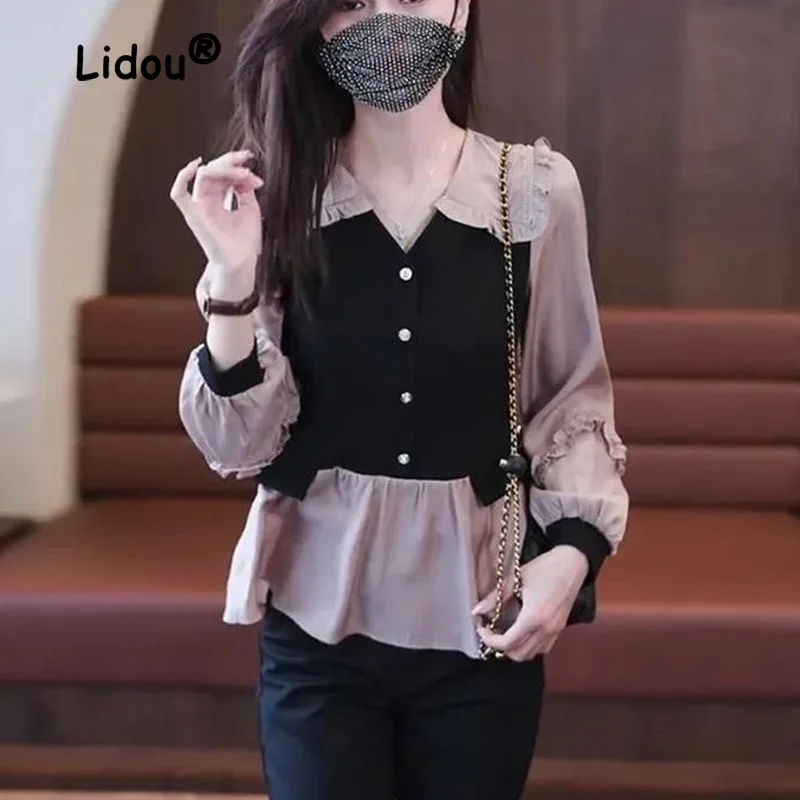 

Large Size Fake Two-piece Blouse Women Autumn Long Sleeve V-neck Single-breasted Color Matching All-match Lady Fashi Shirt 2023
