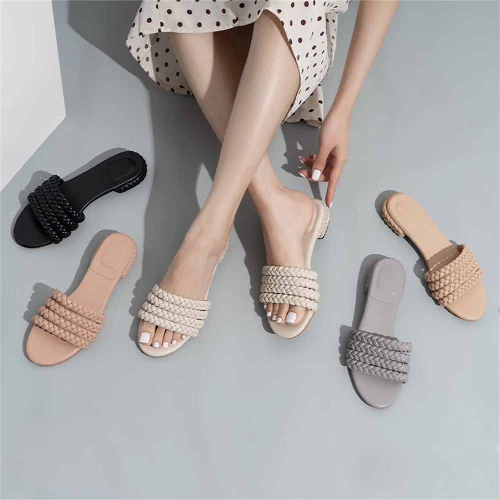 

Шлепанцы женские плетеные, кожаные сандалии на плоской подошве, с открытым носком, без застежки, пляжные тапочки, летняя обувь
