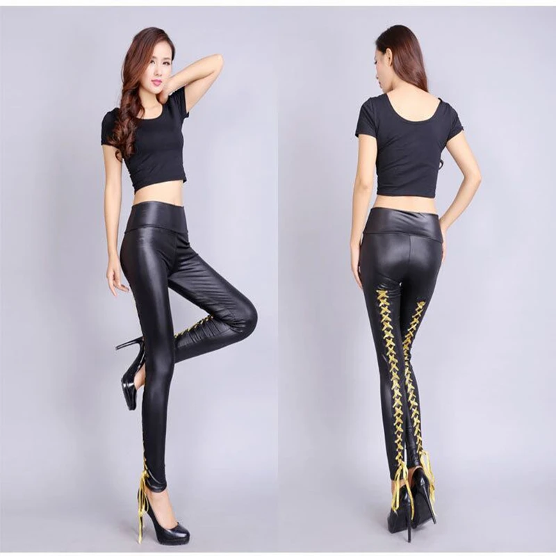 

Punk Black PU Leather Legging Gothic Cotton Stitching Women Bandage Leggings See Through Web Elastic Legging
