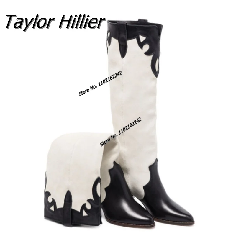 

Color Blocked Long Sleeve Knee High Boots Cowhide Pointed Low Heel Sleeve Women'S Boots Are Fashionable And Comfortable In Winte
