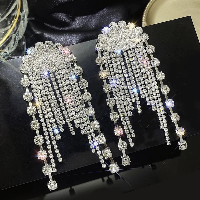 

Fashion Statement Earring Long Full Rhinestone Big Earrings For Women Euorpe Evening Party Crystal Tassel Earings Wholesale