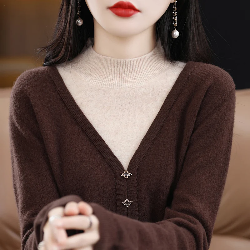 

Spring Women Sweater Fashion 23 New Style Fake Two Pieces Jumper Female Pullover Long Sleeve Half Turtleneck 100% Wool Knit Tops