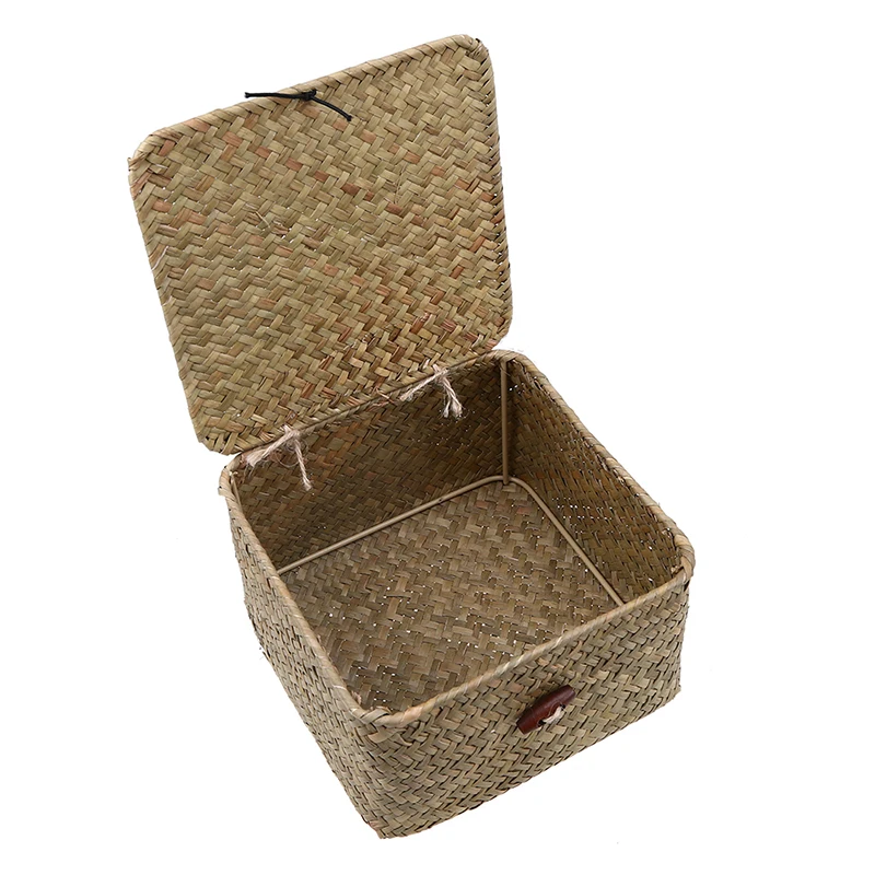 

Handmade Straw Woven Storage Basket With Lid Sundries Storage Box Wicker Makeup Organizer Food Container Clothes Storage Bins