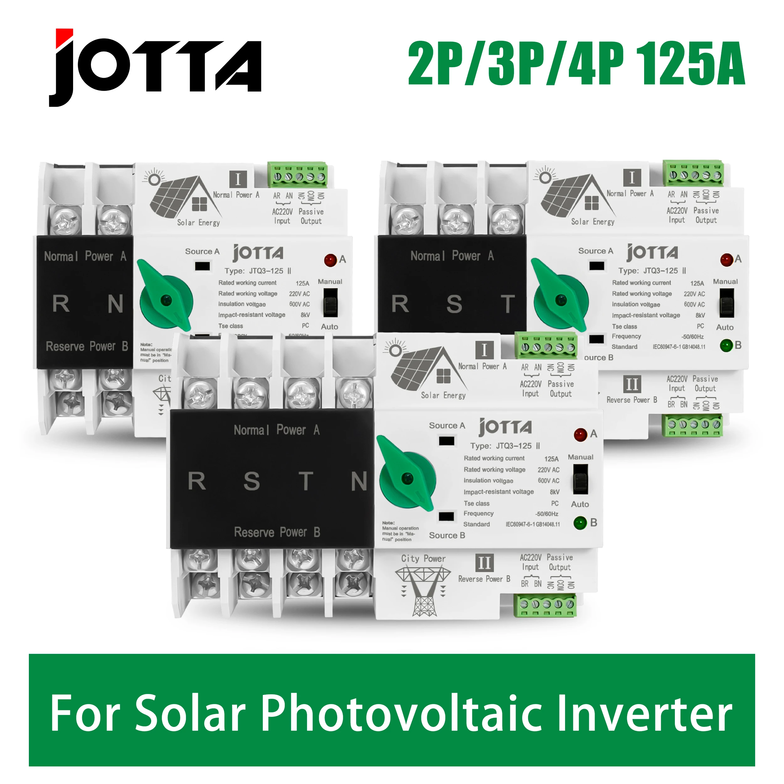Jotta-pc tipo Ats Interruptor de Transferência Automática pv para Inversor Solar Fotovoltaica 2p 3p 4p 125a Montagem em Trilho Ruído