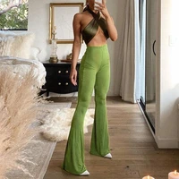summer women high waist pants solid skinny trousers casual full length green pants fashion aesthetic all match flare pants 2021