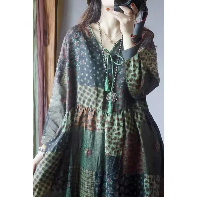 2024 Vintage Ethnic Style Cotton Linen Medium-Length Dress Women's Autumn Long Sleeve Loose-Fit Slimming Stylish