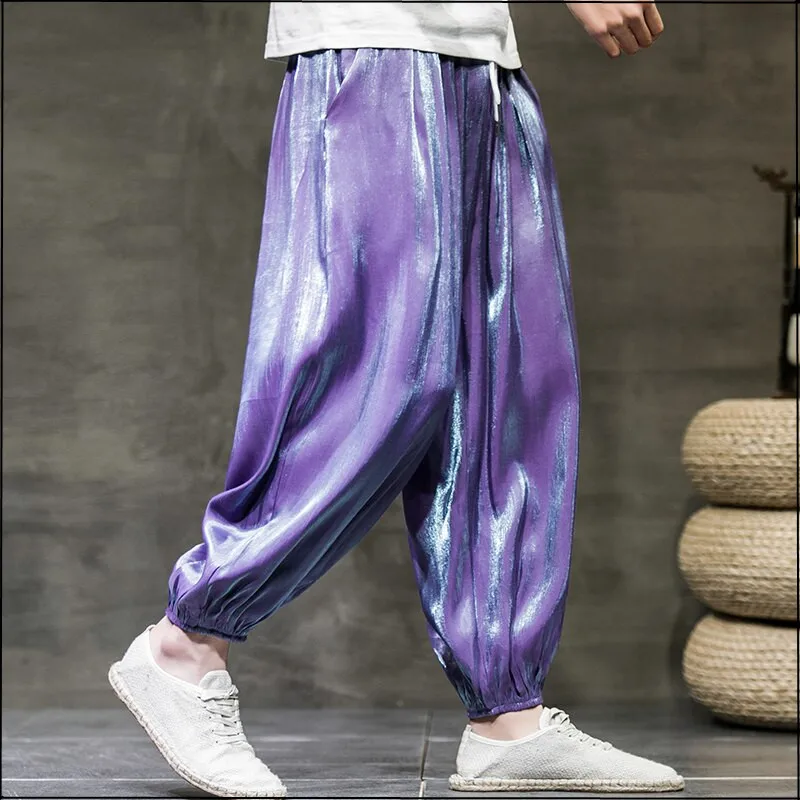

Summer Chinese Style Thin Ice Silk Reflective Casual Pants Loose Plus Size Harem Trousers Men Clothing Harajuku Fashion Joggers